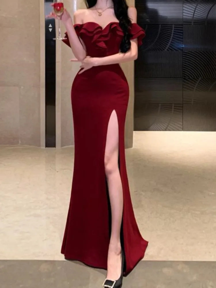 Koisoon Sexy Bodycon Long Dresses for Women Wedding Evening Party Prom Robe Ruffles Slash Neck High Split Hollow Out Summer New Vestido