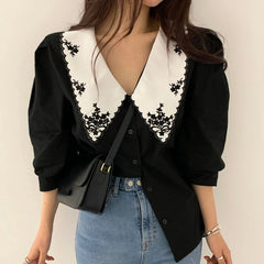 Koisoon Korean Elegant Embroidery Lace Women Blouse Vintage Flower Half Sleeve White Shirt Spring Autumn Women Top