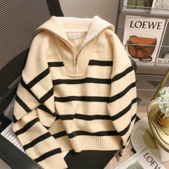 Koisoon Women Sweater Oversize Zipper Knitted Pullover Long Sleeve Stripe Loose Ladies Sweaters Autumn Winter Women's Turtleneck