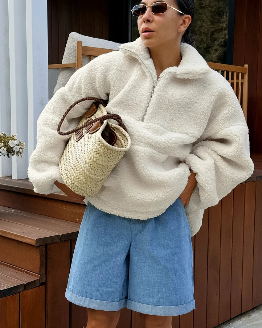 Koisoon Beige Warm Berber Fleece Zipper Sweatshirts Women Oversize Lantern Sleeves Pockets Streetwear 2024 Casual Pullover