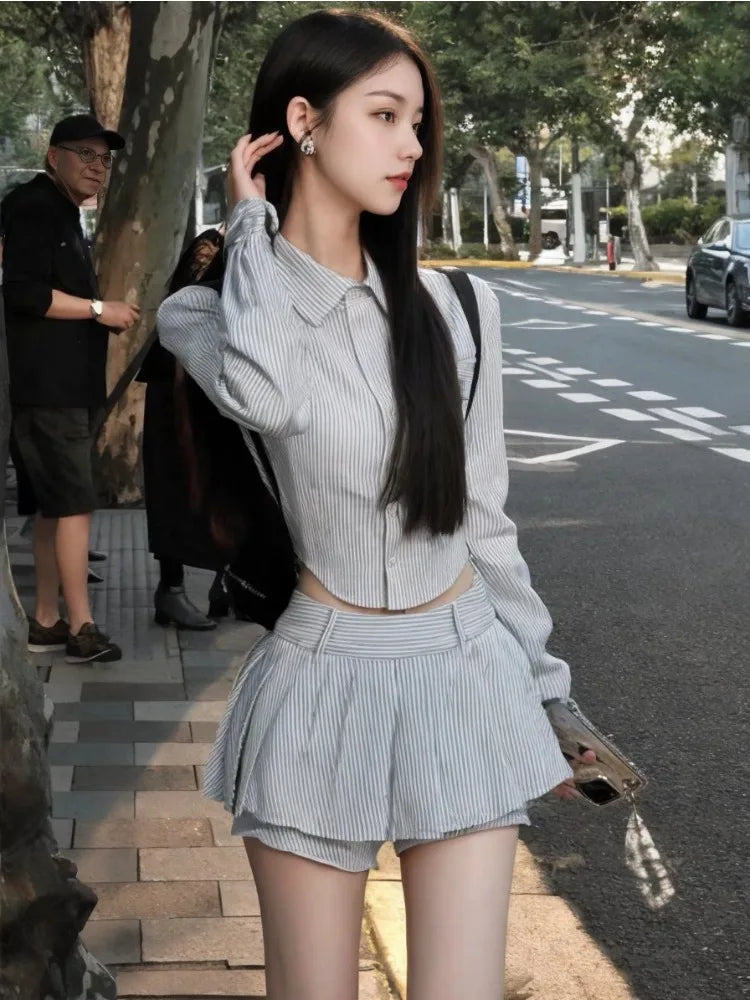 Koisoon Sweet Hot Girls Sexy Preppy Style Suit Women's Spring/Autumn Irregular Long-sleeved Short Shirt Pleated Mini Skirt Two-piece Set