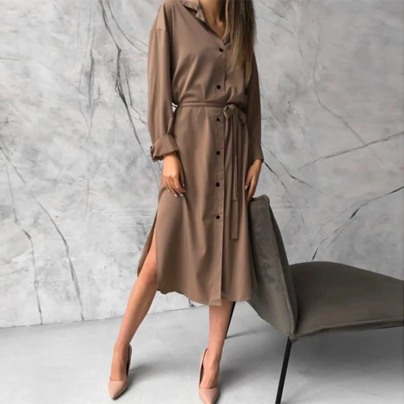 Koisoon Spring Single-breasted Satin Party Dress Women Elegant Turn-down Collar Long Shirt Dress Autumn Long Sleeve Split Office Dresses