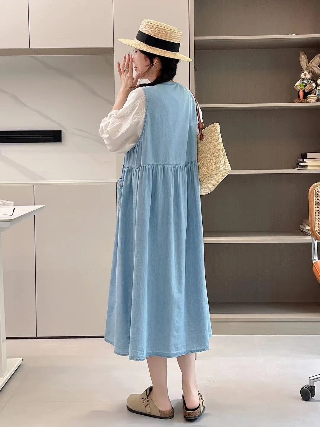 Koisoon Vintage Embroidery Flower Denim Tank Dresses Women Mori Girl Ruffled Kawaii Straight Sundresse Loose Sleeveless Pullover Dresses