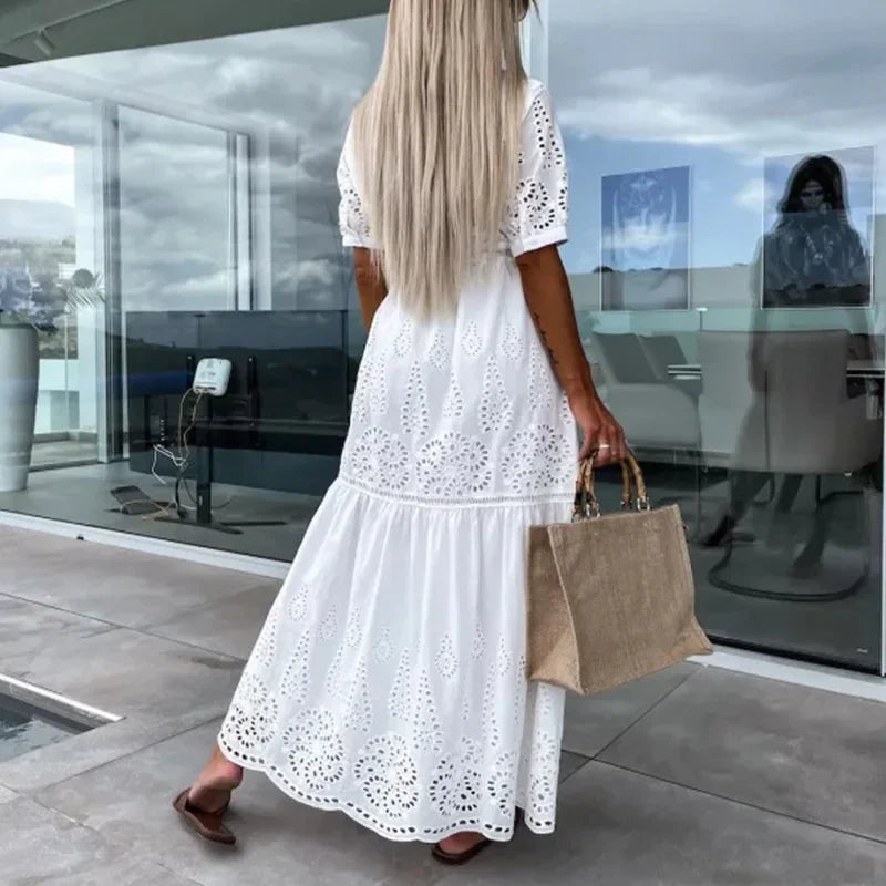 Koisoon Summer New Elegant Lace Embroidery Stitch Pleated Dresses Womem Stand Collar Button-up Party Dress Hollow Formal Female Vestidos