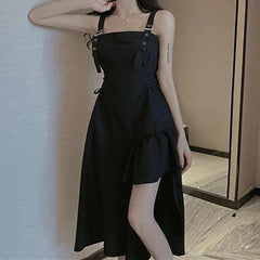 Koisoon Y2K Women Camis Dress Korean Lace-Up Waist Black Dress Summer Fashion Asymmetries Female Ball Gown Dresses New