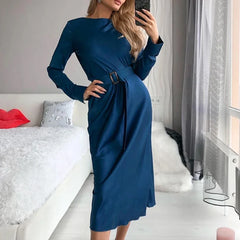 Koisoon Elegant Women Slim O-Neck Satin Dresses Female Chic Casual Long Sleeve Long Dress with Belt Luxury Solid Bag Hip Party Dress