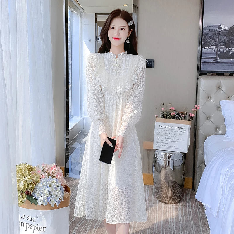 Koisoon Elegant Sweet Vintage Solid Lace Women Midi Dresses for New Autumn Fashion Long Sleeved Cute Party Birthday Fairy Dress