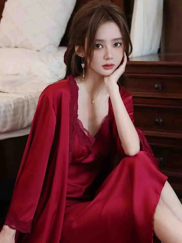 Koisoon Spring Red Silk Strap Dress Women Casual Korean Elegant Long Dress Patchwork Lace Midi Dresses Women Fashion Party V Neck