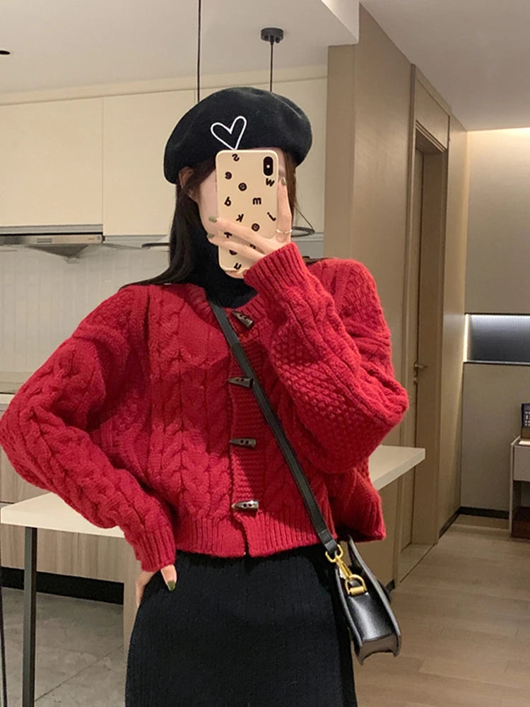 Koisoon Sweet Cute Solid Knitted Sweater Streetwear Autumn Winter Fashion Casual Soft Midi Knitted Loose Sweater Cardigan Thick Tops