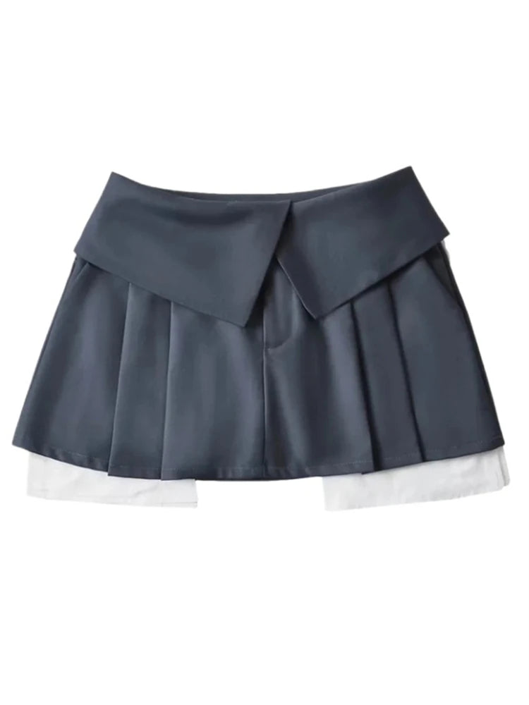 Koisoon New Mini Skirt For Women High Waist Gray Pleated Skirt A-Line Turn-Down Shorts Y2k Skirt With Pockets Streetwear