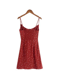 Koisoon Summer Heart Print Red Dress Women Camisole Backless Mini Drawstring Dresses