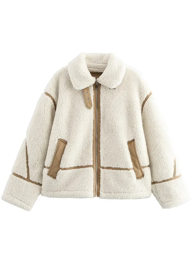 Koisoon Chic Contrast Line Splicing Lamb Wool Coat Women Casual Lapel Long Sleeve Zipper Pocket Thick Jacket Lady New Commute Outerwear