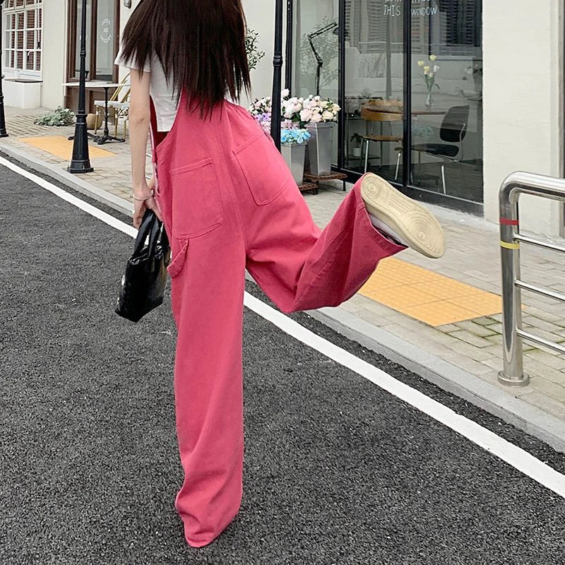 Koisoon Women Denim Overalls Korean Casual Big Pocket Loose Jumpsuit Summer Fashion All Match Jeans Female Streetwear Trousers New