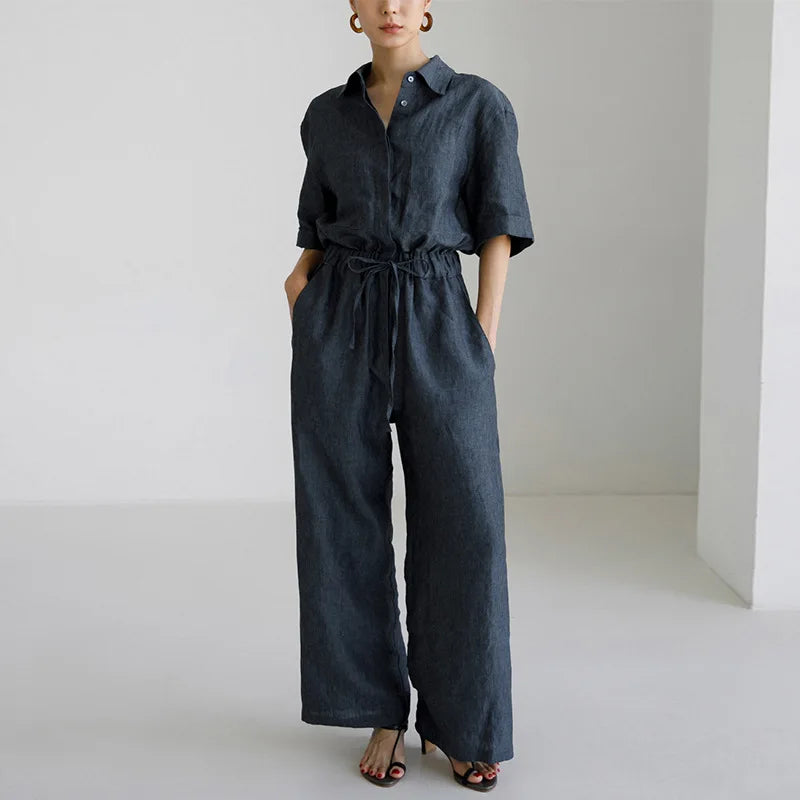 Koisoon Vinatge 100% Linen Jumpsuits For Women Short Sleeve Top +Wide Pants Overall Romper Streetwear Elegant One Piece Outfit Macacões