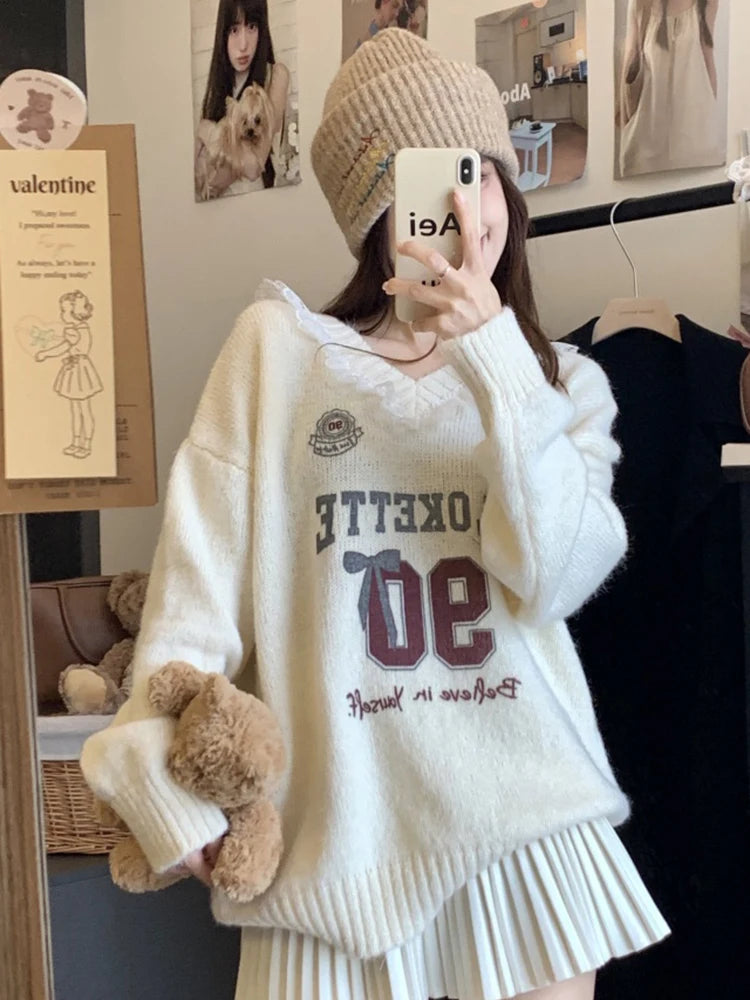 Koisoon Lace Patchwork Sweet Sweaters Women Cute Letter Loose Knitted Pullovers Casual Long Sleeve Lazy Wind Elegant Retro Tops New