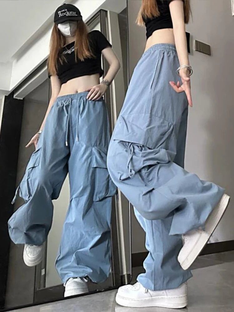 Koisoon Hip Hop Y2K Cargo Pants Women Streetwear Harajuku Big Pockets Casual Trousers Korean Loose High Waist Design Solid Pants