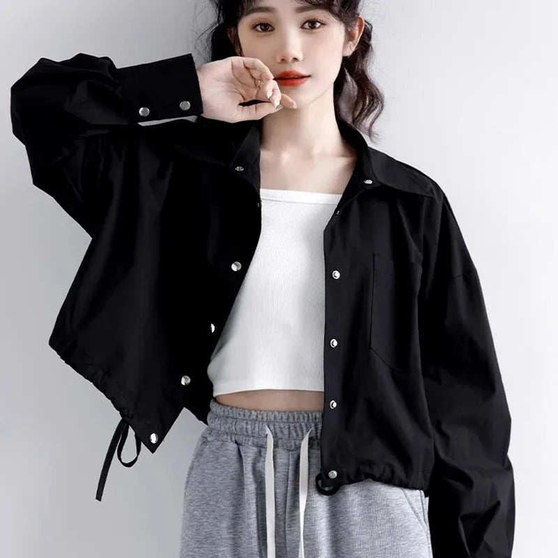 Koisoon Women Cropped Cargo Jacket Fashion Korean Streetwear Loose Coats Casual Lace Up Female All Match Button Outerwear New