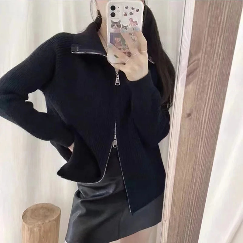 Koisoon Autumn Winter Double Zipper Sweater Women Korean Fashion Long Sleeve Knitted Cardigans Female Stand-up Collar Knitting Coat