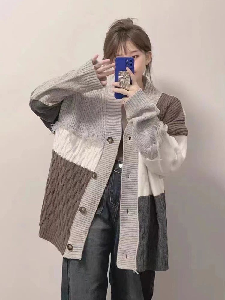 Koisoon Tassel Vintage Women Cardigan Coat Patchwork Lazy Wind Loose Knitted Sweaters Korean Long Sleeve V Neck Casual Outwear New