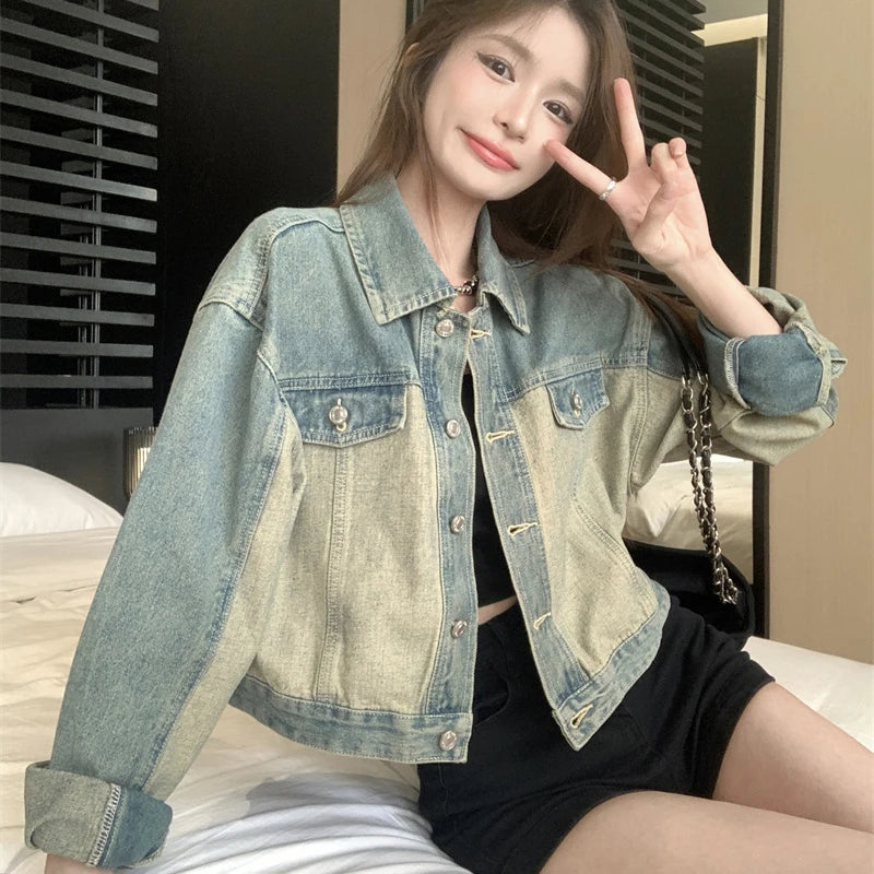 Koisoon Women Denim Jacket Vintage Korean Streetwear Loose Long Sleeve Coats Autumn Casual Female Patchwork Cropped Outwear New