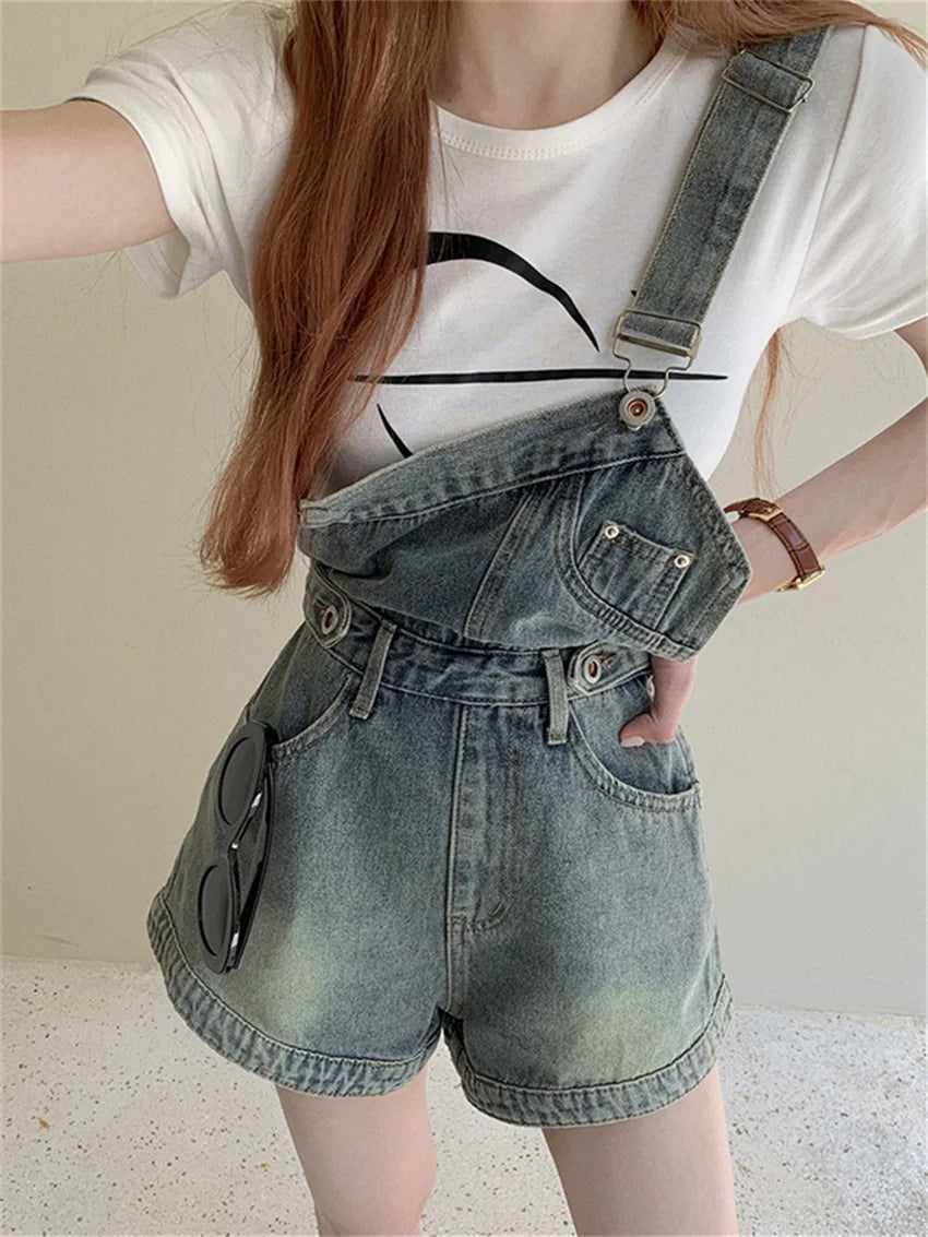 Koisoon OL Stylish New Overalls Shorts Denim Summer Loose Chic Wide Leg Vintage Office Lady Slim Jeanswear All Match