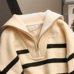 Koisoon Women Sweater Oversize Zipper Knitted Pullover Long Sleeve Stripe Loose Ladies Sweaters Autumn Winter Women's Turtleneck