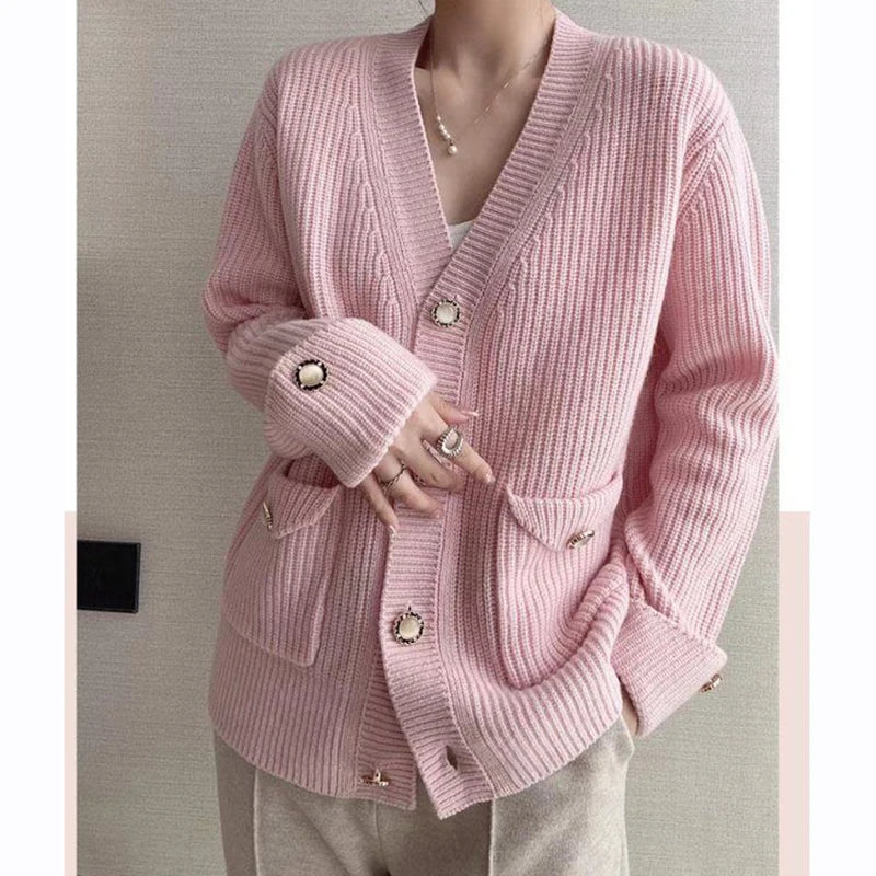 Koisoon Winter Women Cardigan Sweater Korean Fashion All Match Pocket Loose Knitted Coats Female Casual Big Button Warm Jacket New