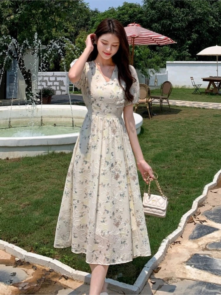 Koisoon Summer New Chinese Style Midi Dresses for Women Floral Printed V-neck Puff Sleeve A-line Casual Elegant Dress One Piece Vestido