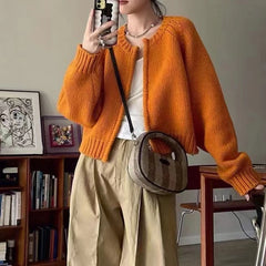 Koisoon Vintage Knitted Cardigan Women Long Sleeve  O Neck Sweater Cardigans Autumn Winter Loose Chic Knit Zipper Jumpers