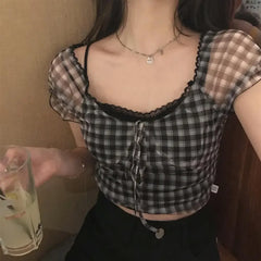 Koisoon 2024 Summer Plaid Tshirts Women Retro Sexy Shirt Casual Lace Tees Puff Sleeve 2000s Vintage Y2k Crop Tops Female Korean Fashion