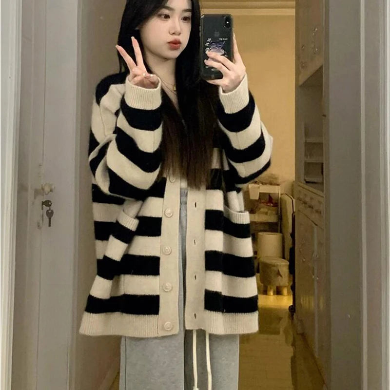 Koisoon Fashion Women Cardigan Sweater Korean Stripe Button Loose Knitted Coats Casual Female Streetwear Jacket Autumn New