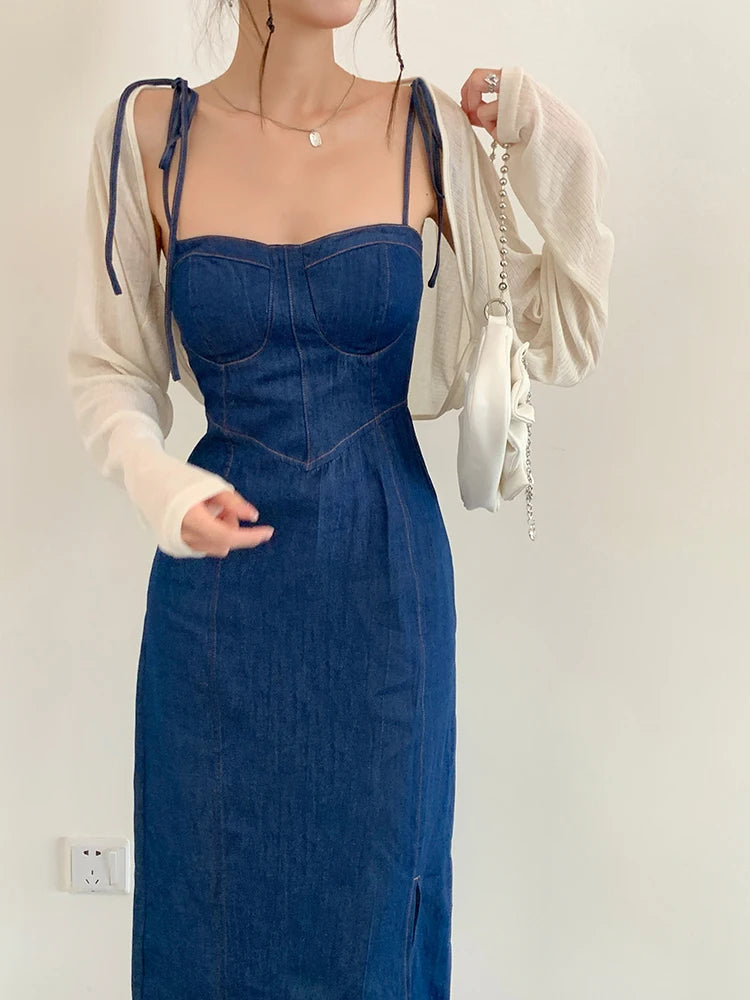 Koisoon Vintage Women Blue Elegant Denim Bandage Slip Dress High Waist Sleeveless A-line Split Jean Midi Dresses Summer Backless Fashion