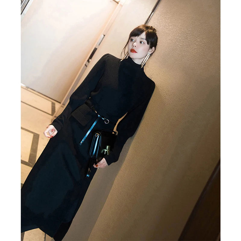 Koisoon Elegant Belt Woolen Midi Skirt Women Black Slit Hip Wrap Skirts Fall Winter Ladies Korean High Waist Slim A Line Skirt New