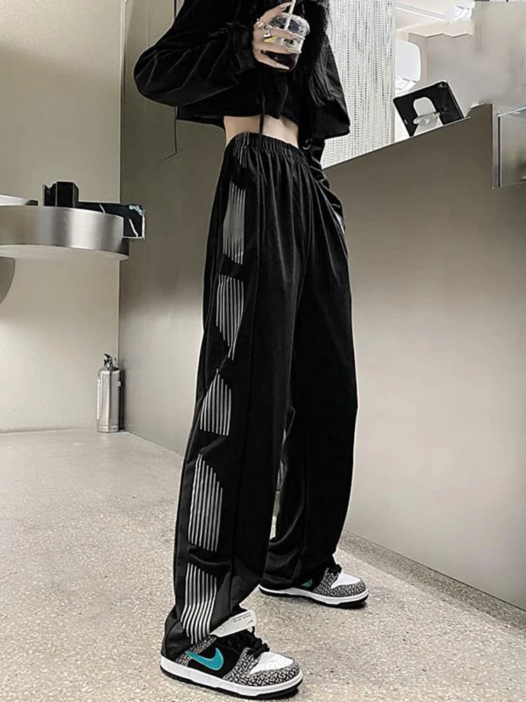 Koisoon Harajuku Retro High Waist Black Sweatpants Women Fashion Loose Striped Streetwear Casual Trousers Korean All Match Pants