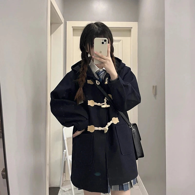 Koisoon Korean Women Faux Woolen Coats Winter Fashion Elegant Designed Button Jacket Female Loose All Match Blends Hoodie New