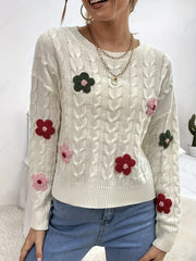 Koisoon 2024 New Wear Cute Flower Pattern Twist Weave Versatile Round Neck Pullover Knit Sweater