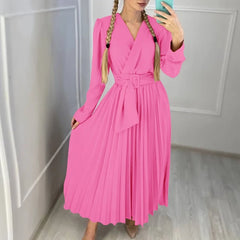 Koisoon Sweet Lady Lace-up Belted Spliced Pleated Dress Spring V-neck Solid Swing Boho Long Dress Autumn Long Sleeve Women Party Dresses