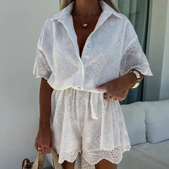 Koisoon Ladies Fashion Lace Up Holiday Romper New Summer White Casual Lapel Shorts Playsuits Sexy Lace Embroidered Hollow Shirt Jumpsuit