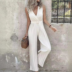 Koisoon Office Lady Hollow Sleeveless Slim Romper Casual Solid Belt Straight Long Pants Playsuits Fashion V-neck Waist Pleated Jumpsuit