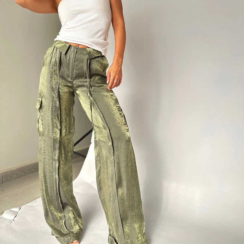 Koisoon Women Fashion Multi Pocket Solid Cargo Pants Spring Autumn Casual Loose Long Trousers 2024 Elegant Glossy Silk Wide Legger Pant