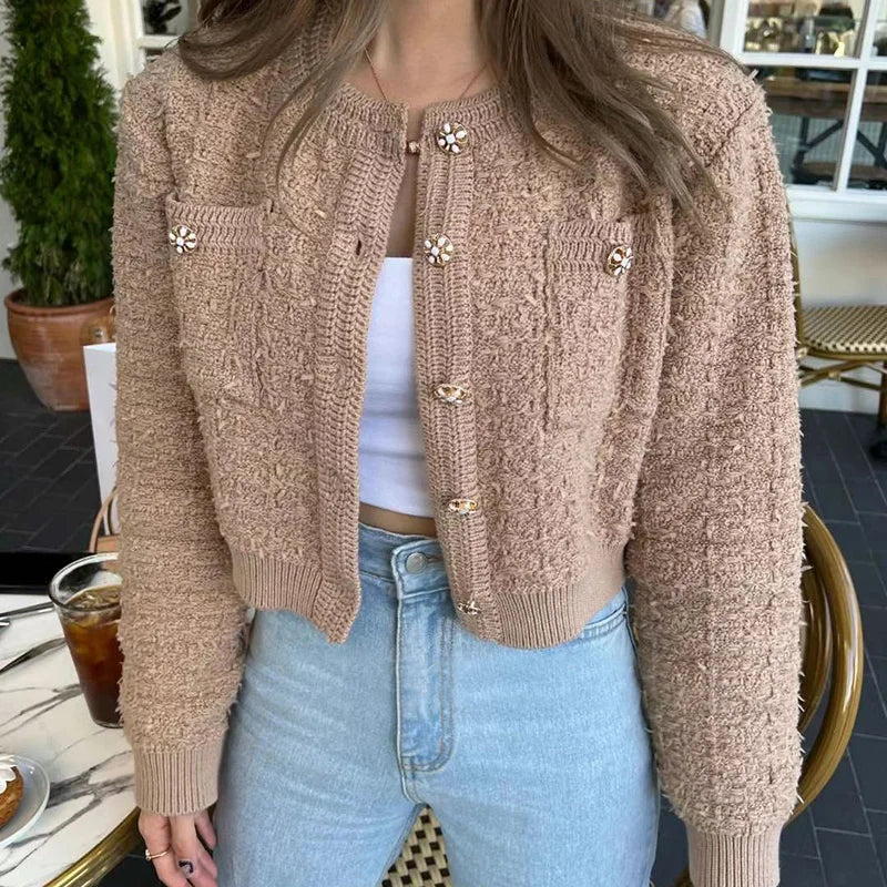 Koisoon Korean Style Pink Round Neck Cropped Cardigans for Women Chic Button Long Sleeve Knitted Coats Woman Pocket Bling Short Cardigan