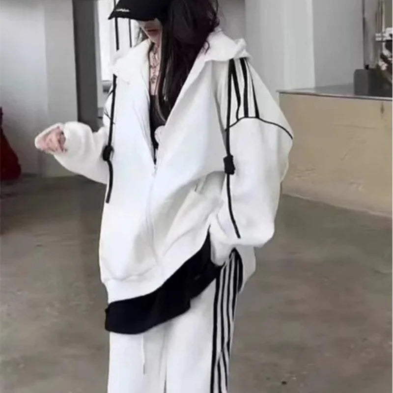 Koisoon Two Piece Women Striped Sports Pant Sets Spring Autumn Tracksuit New Streetwear Fashion Casual Hooded Long Sleeve Jackets Suit