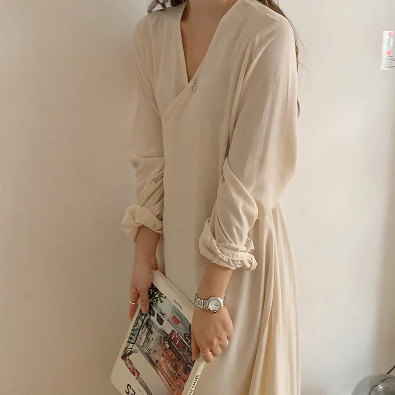 Koisoon Casual Dress For Women Cotton Sexy V-neck Long-Sleeved Bandage Loose Solid Beige Nightdress Harajuku Elegant Dresses ropa mujer