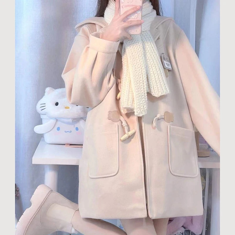 Koisoon Korean Women Faux Woolen Coats Winter Fashion Elegant Designed Button Jacket Female Loose All Match Blends Hoodie New