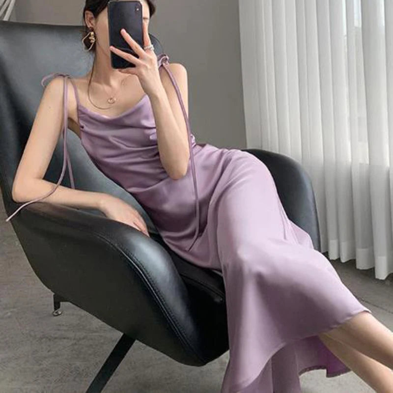 Koisoon Elegant Pleated Satin Midi Dress Women Sexy Silk Straps Lace Up Long Dresses Woman Chic Purple Party Dress Female