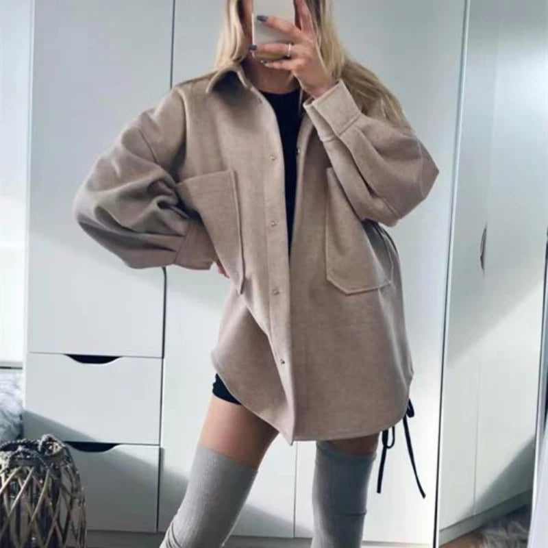 Koisoon Casual Woman Camel Loose Pocket Woolen Shirt Chic Ladies Autumn Long Sleeve Thick Blouse Coat Female Long Outwear