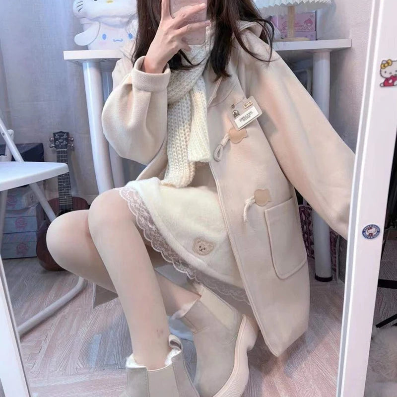 Koisoon Korean Women Faux Woolen Coats Winter Fashion Elegant Designed Button Jacket Female Loose All Match Blends Hoodie New