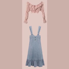 Koisoon French Elegant Fairy 2 Piece Dress Set Female Floral Long Sleeve Tops + Denim Strap Dress Summer Korean Fashion Suits