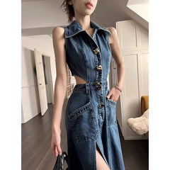 Koisoon Retro Denim Dress Women's Summer New Shirt Collar Hollow Split Waist Long Skirt Sleeveless One-piece Sexy Denim Dresses