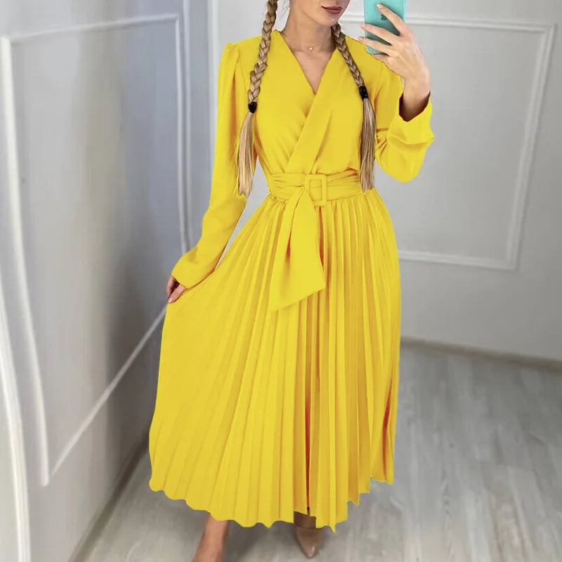 Koisoon Sweet Lady Lace-up Belted Spliced Pleated Dress Spring V-neck Solid Swing Boho Long Dress Autumn Long Sleeve Women Party Dresses